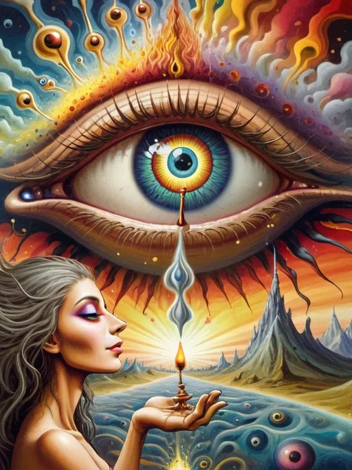 Prompt: Art style of Salvadore Dahli.
 Surrealist art movement. 
A dreamscape of imagination that Evokes a feeling of Trust and self worth. An overall sense of happiness about life. 

A self fanning tiny, inner sparks of possibility into flames of achievement showing a sense of movement and enlightenment. surreal. Fantasy. Bright colors. 