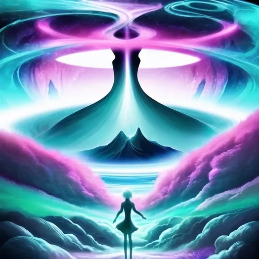 Prompt: A white female woman attempts the impossible and the absurd. Ebb and flow vibes. Bright colors. Illusionary 