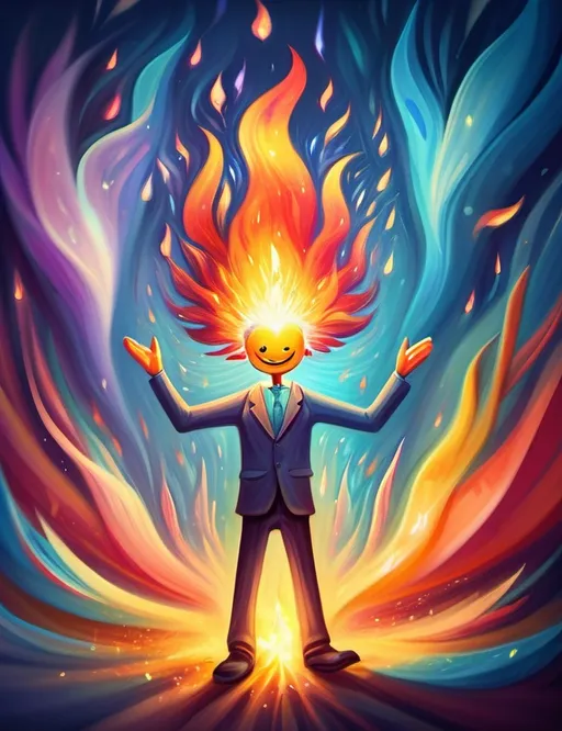 Prompt: Surreal imagination dreamscape. The image Evokes a feeling of Trust and self worth. An overall sense of happiness about life. Anthropomorphic self fanning tiny, inner sparks of possibility into flames of achievement showing a sense of movement and enlightenment. Micro view. Bright  intense hues.