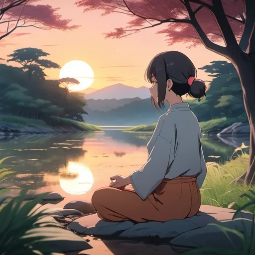 Prompt: Trigger style anime fast movements cleanly with the art style. The scene is a quiet and meditative landscape. The foliage is gently suede by a light breeze. Time of day is dusk. A sun with a brightly colored sunset, creates the light for the scene. A female figure sit in a meditative pose with eyes closed. The character appear much softer and loose in comparison to defining faces

