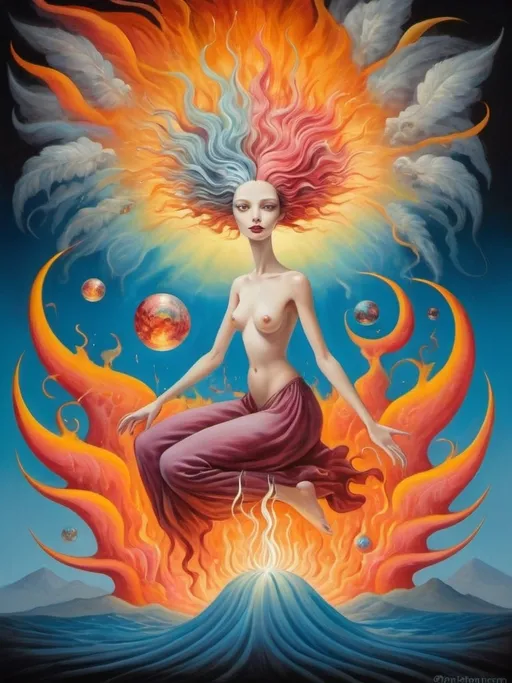 Prompt: Art style of Salvadore Dahli.
 Surrealist art movement. 
A dreamscape of imagination that Evokes a feeling of Trust and self worth. An overall sense of happiness about life. 

A self fanning tiny, inner sparks of possibility into flames of achievement showing a sense of movement and enlightenment. surreal. Fantasy. Bright colors. 