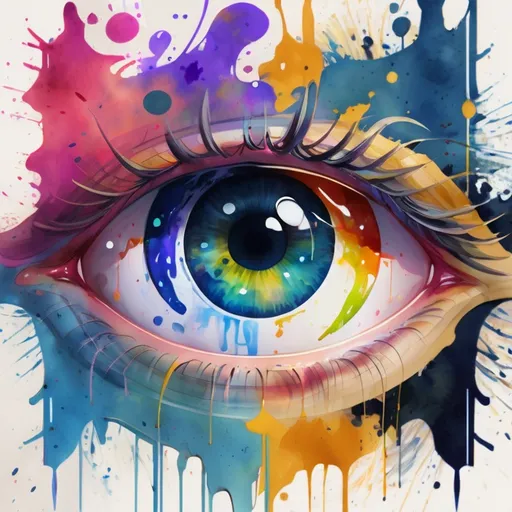 Prompt: digital watercolor painting, two eyes look into frame, you can see the world depicted in their eyeballs, a changing world, time, paint splatter, bright colors bold brush strokes, art nouveau