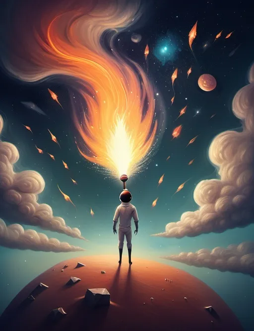Prompt: Surreal imagination spacescape. Evokes a feeling of Trust and self worth. An overall sense of happiness about life. Anthropomorphic self fanning tiny, inner sparks of possibility into flames of achievement.