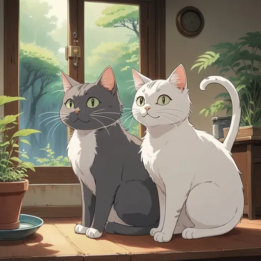 Prompt: 2d studio ghibli anime style, Male cat with a super long tail, female cat with really short tail, anime scene, happiness, cute, medical 