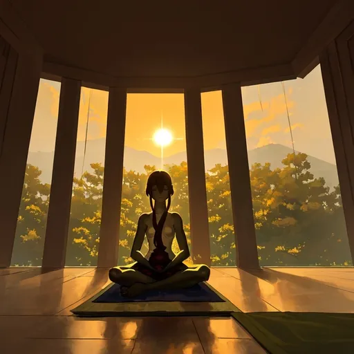 Prompt: The scene is a quiet and meditative landscape. The foliage is gently suede by a light breeze. Time of day is dusk. A sun with a brightly colored sunset, creates the light for the scene. A female figure sit in a meditative pose with eyes closed.
