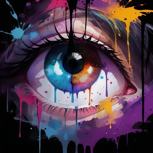 Prompt: digital watercolor painting, two eyes look into frame, you can see the world depicted in their eyeballs, a changing world, time, paint splatter, bright colors bold brush strokes, gothic