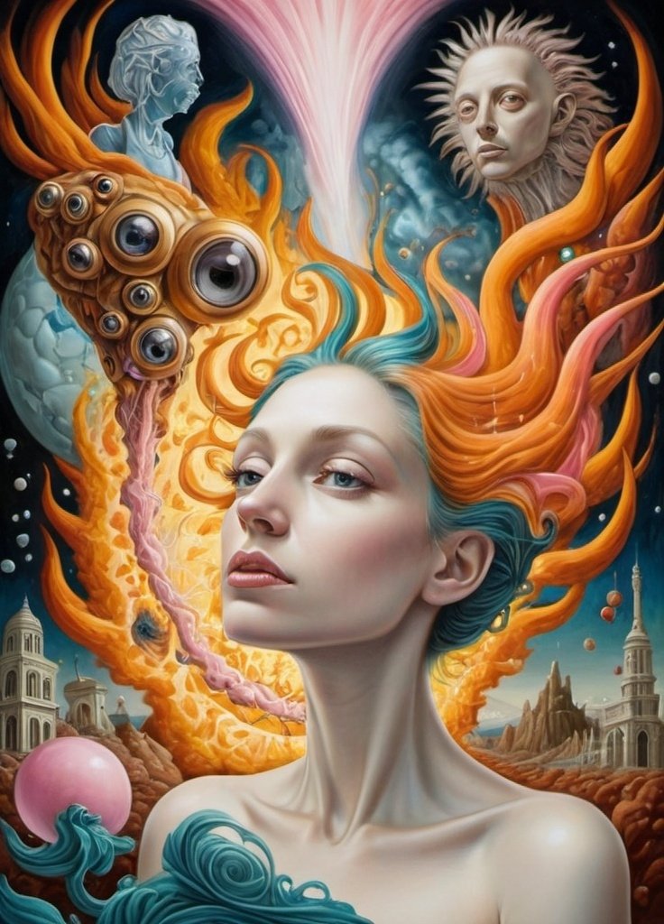 Prompt: Art style of Laurie Lipton, Carrie Ann Baade.
Surrealist neo-surrealism, modern surrealism, art movement. 
Fantasy.
A dreamscape of imagination that Evokes a feeling of Trust and self worth. An overall sense of happiness about life. 
A self emmits tiny, inner sparks of possibility into flames of achievement showing a sense of movement and enlightenment. surreal. Fantasy. Bright colors (oranges, yellows, reds, teals, blues, white, pink, bright green.)