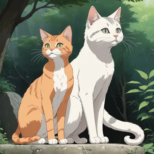 Prompt: 2d studio ghibli anime style, Male cat with a longer tail than the female cat, anime scene