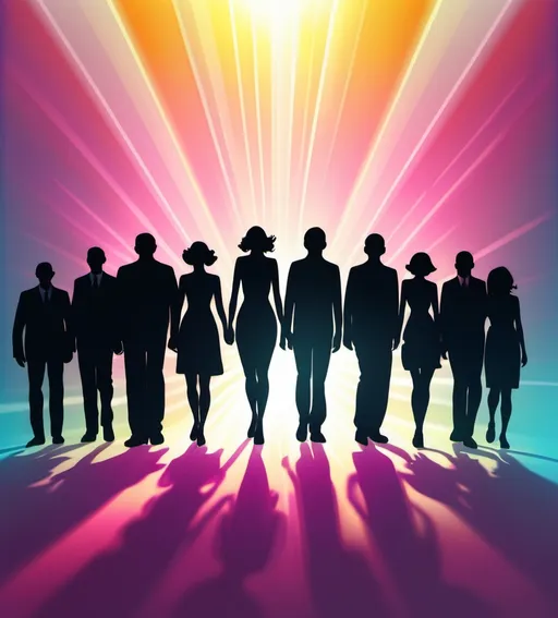 Prompt: large number people, silhouettes. Bright tones and a rays of light. Illustration.