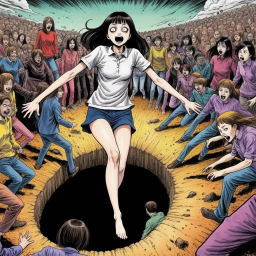 Prompt: Junji Ito manga style, Surrealism. The image is a colorful female jumping down into a hole in the ground while Many Other people surround the female as she jumps into the void, manga scene