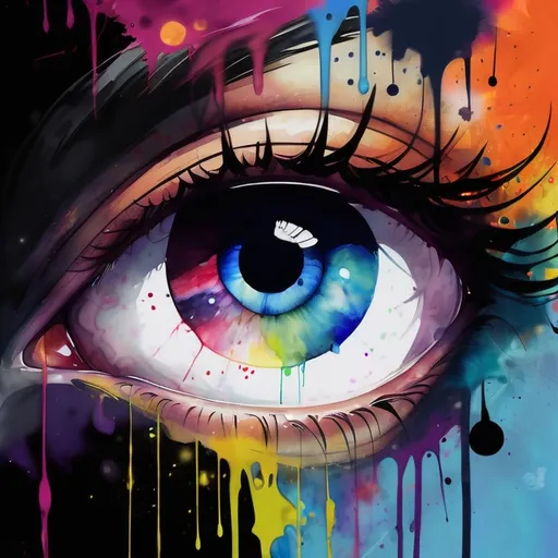 Prompt: digital watercolor painting, two eyes look into frame, you can see the world depicted in their eyeballs, a changing world, time, paint splatter, bright colors bold brush strokes, gothic