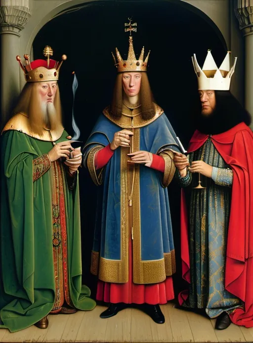 Prompt: Portrait Painting by Van Eyck, three kings, depicts, each King, smoking, drinking, humping
