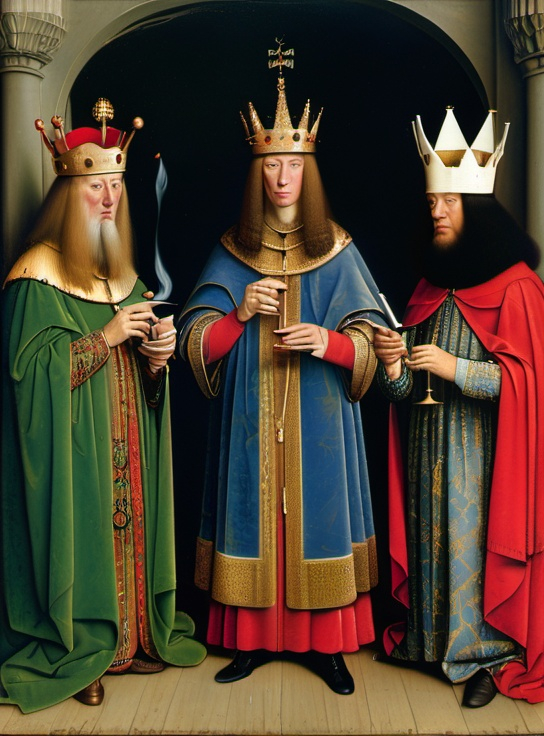 Prompt: Portrait Painting by Van Eyck, three kings, depicts, each King, smoking, drinking, humping