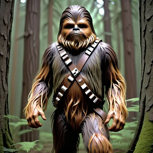Prompt: Chewbacca as a human, full body, high definition, detailed, realistic human face, Ewok’s in trees