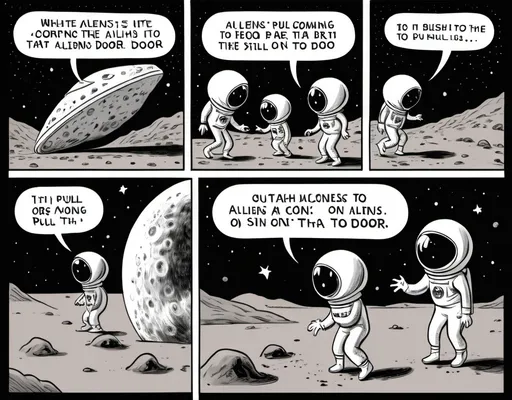 Prompt: Comic strip. Panel 1 depicts People are going to the moon. Panel 2 aliens are coming to Earth. Panel 3 white woman still pushing on a door that says pull.