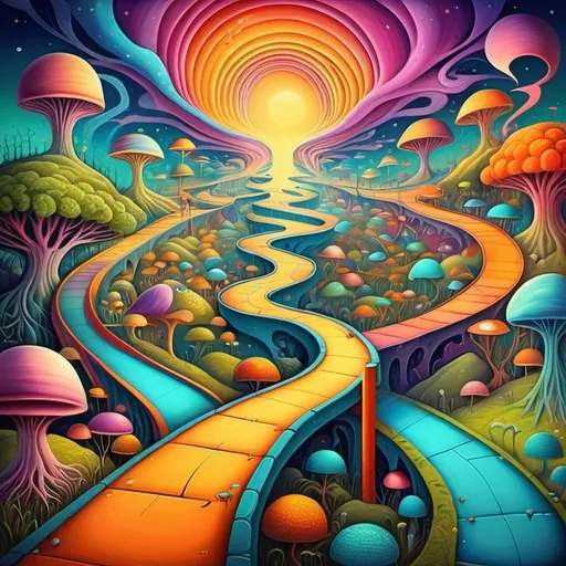 Prompt: An imaginative landscape with many pathways leading to a central knowledge source. The paths are littered with many minds roaming along neuro pathways. Humor. Fantastical dreamscape.  imagination. Bright color scheme. Surrealist art movement. 