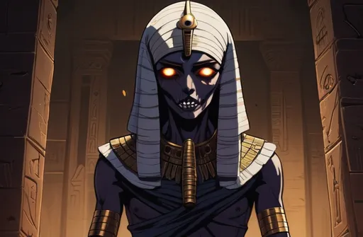 Prompt: 2d dark j horror anime style, Egyptian, mummy macro, gothic 