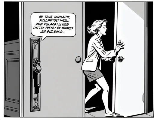 Prompt: Comic strip. Panel depicts white woman pushing on a door that says pull.