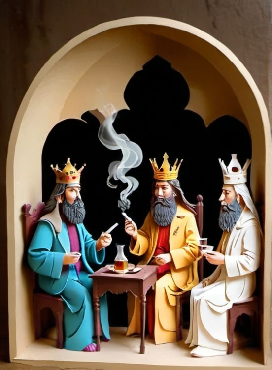 Prompt:  three kings that are smoking cigarette, drinking alcohol and sensuality