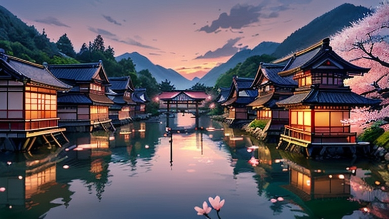 Prompt: Realistic, traditional japanese village at sunset, cherry blossom, detailed architecture, serene atmosphere, high quality, traditional, village, sunset scene, cherry blossom, detailed buildings, serene, realistic, atmospheric lighting, peaceful, traditional Chinese, warm tones