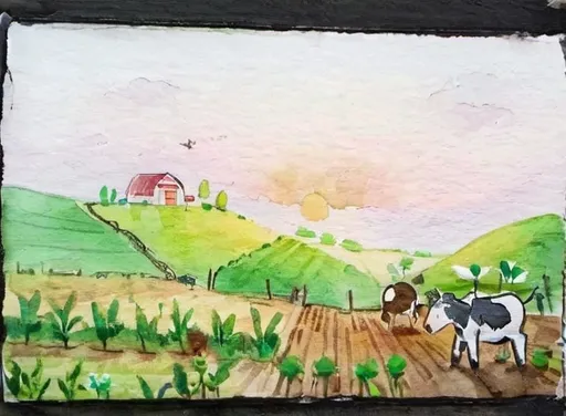 Prompt: Giant computer serves as the background of the Image and displays a sunrise on the black screen. The middle ground.depicts a rolling lush landscape filled with vegetables and crops. In the foreground there are Cows and chickens and goats and horses and sheep graze the growing crops through the hill.  Reminiscent of Old Macdonalds Farm.