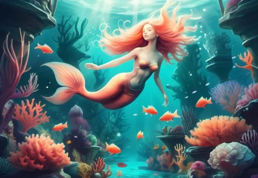 Prompt: An underwater fantasy lands. digital artwork. The image evokes a feeling of lightness and oddness. beautiful imaginative creatures swim through water. Rare fish, mermaid, coral.