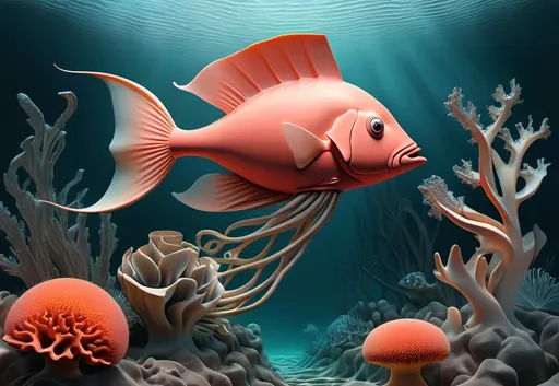 Prompt: Dada style. An underwater fantasy lands. Coral, ocean fish, mythical creature. A digital artwork inspired by artist. Marcel Duchamp, Tristan Tzara, and Hans Arp. The image evokes a feeling of lightness and oddness. beautiful imaginative creatures. fantasy art.