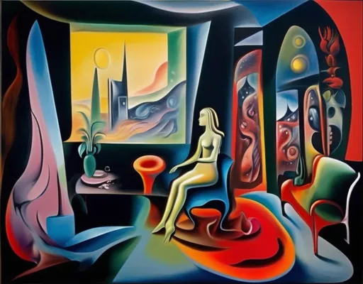 Prompt: Andre Masson surrealist style, ethereal dreamscape.surreal room depicts a female figure sitting alone in a living space. She is alone and lonely. Contrast between dark colors and bright colors.