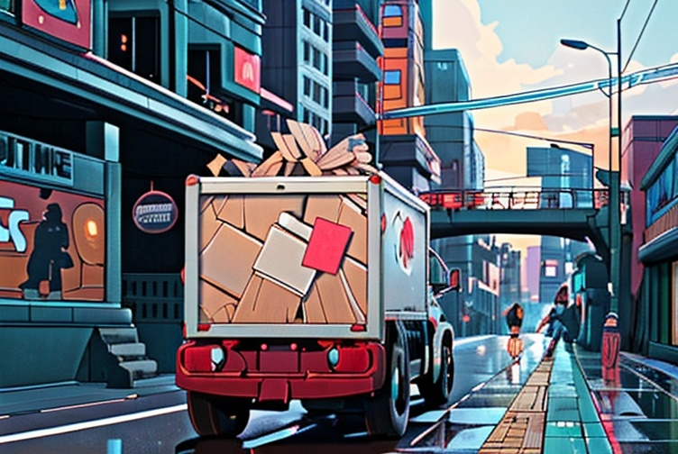 Prompt: An urban street scene with a single vehicle transportation truck swerving down street as a young white female jog behind Transportation truck. There are
wooden rectangle scrabble tiles just playing letters and dropping out of the transportation vehicles trunk