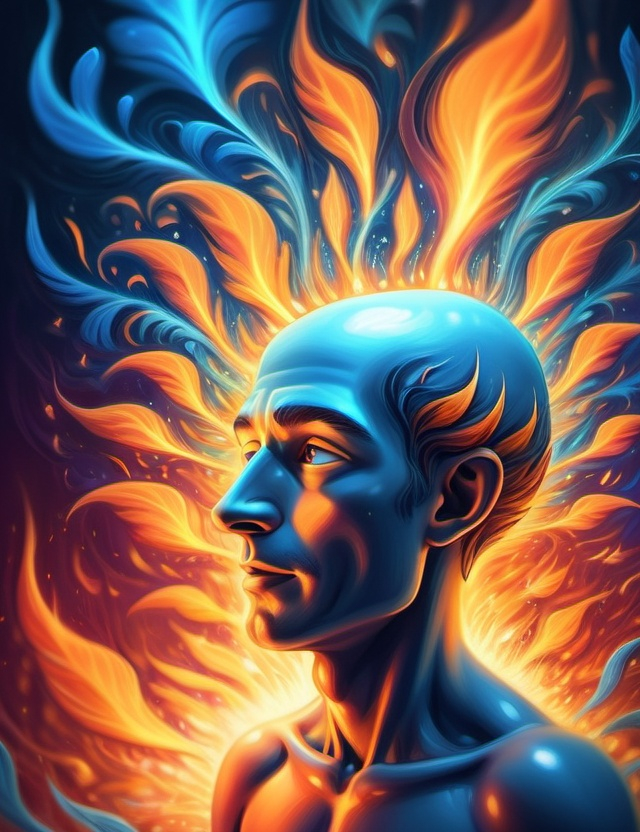 Prompt: Surreal imagination dreamscape. The image Evokes a feeling of Trust and self worth. An overall sense of happiness about life. Anthropomorphic self fanning tiny, inner sparks of possibility into flames of achievement showing a sense of movement and enlightenment. Micro view. Bright  intense hues.