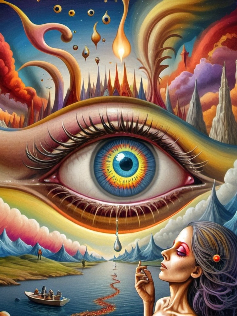 Prompt: Art style of Salvadore Dahli.
 Surrealist art movement. 
A dreamscape of imagination that Evokes a feeling of Trust and self worth. An overall sense of happiness about life. 

A self fanning tiny, inner sparks of possibility into flames of achievement showing a sense of movement and enlightenment. surreal. Fantasy. Bright colors. 