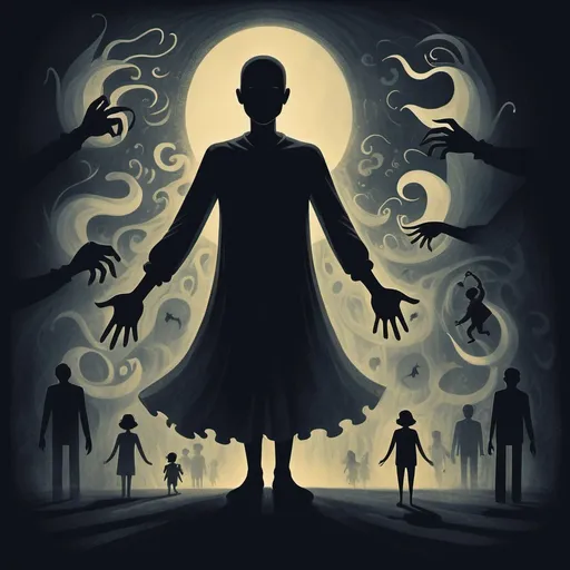 Prompt: Fear and happiness, day and night, Light versus dark, shadow figure, being pushed by fears, nightmares in mind and led by the dreams in the heart, pulp style