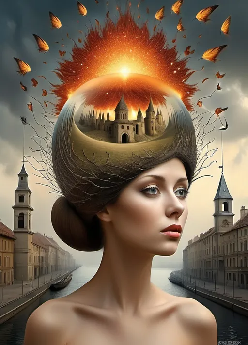 Prompt: Art style of Art style of Igor Morski’s. Surrealist neo-surrealism, modern surrealism, art movement. 
Fantasy.
A dreamscape of imagination that Evokes a feeling of Trust and self worth. An overall sense of happiness about life. 
A self emmits tiny, inner sparks of possibility into flames of achievement showing a sense of movement and enlightenment. surreal. Fantasy. Bright colors (oranges, yellows, reds, teals, blues, white, pink, bright green.)