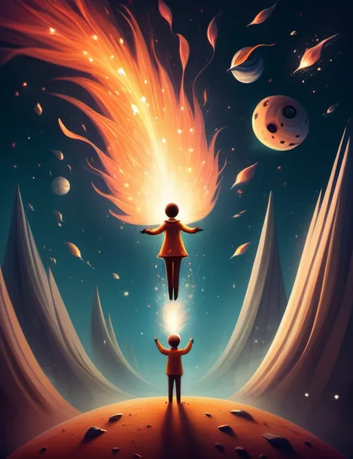 Prompt: Surreal imagination spacescape. Evokes a feeling of Trust and self worth. An overall sense of happiness about life. Anthropomorphic self fanning tiny, inner sparks of possibility into flames of achievement.