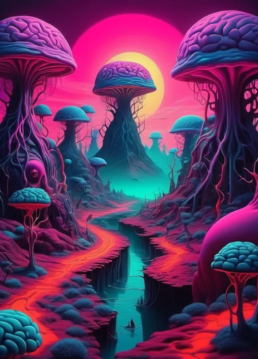 Prompt: Art style of Salvadore Dahli.
 Surrealist art movement. Fantastical landscape. 
Brains. Minds wandering Because it's too little to be out alone. surreal. Dreamscape. Neon colors. Natural lighting.