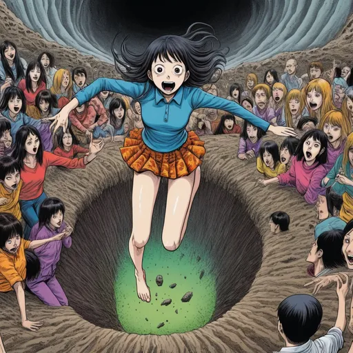 Prompt: Junji Ito manga style, Surrealism. The image is a colorful female jumping down into a hole in the ground while Many Other people surround the female as she jumps into the void, manga scene