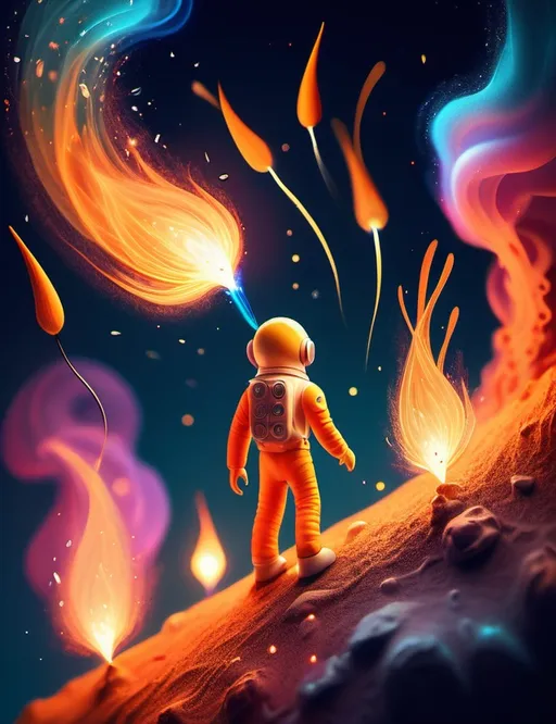 Prompt: Surreal imagination spacescape. Evokes a feeling of Trust and self worth. An overall sense of happiness about life. Anthropomorphic self fanning tiny, inner sparks of possibility into flames of achievement. Macro view, intense hues.