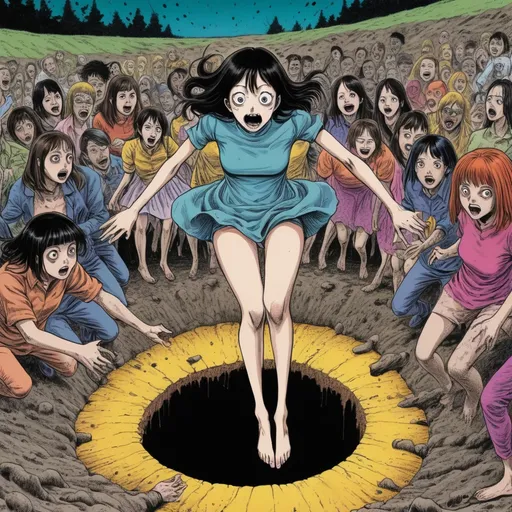 Prompt: Junji Ito manga style, Surrealism. The image is a colorful female jumping down into a hole in the ground while Many Other people surround the female as she jumps into the void, manga scene