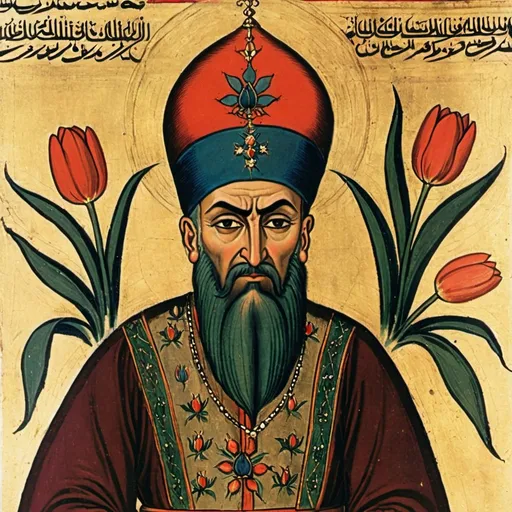 Prompt: Early medieval painting of Ottoman sultan with colorful tulips in and on turbans represent luxury and power.