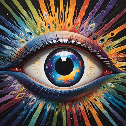 Prompt:  A striking set of stylized eyes serves as the central focus, featuring an iris that vividly incorporates an image of the Earth and universe. The image portrays the changing of a season from winter to spring to summer to fall. The detailed black pupil draws attention, surrounded by a radiant burst of bright colors resembling the image of universe and sun's rays, enhancing the set of eye's impact.
