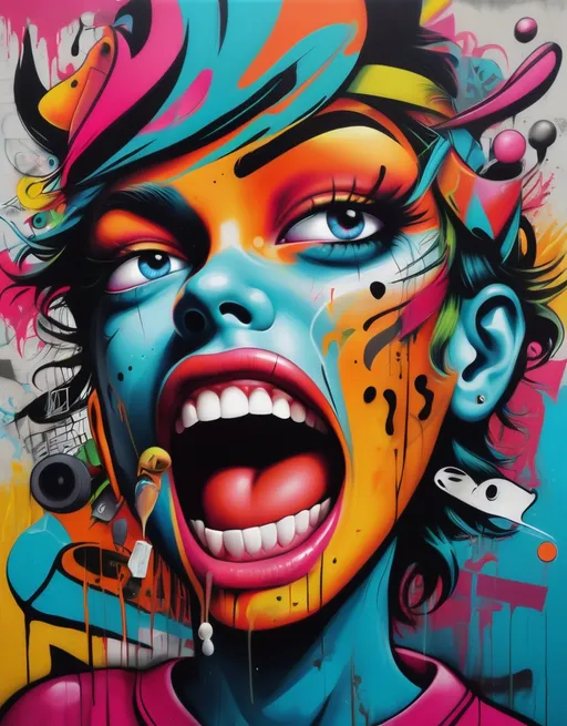 Prompt: Surreal. Surrealism. 
Pop art graffiti style.
Lively colors
Vibes of Rowdiness, boisterous and youthful energy.
