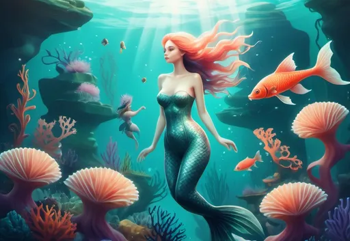 Prompt: An underwater fantasy lands. digital artwork. The image evokes a feeling of lightness and oddness. beautiful imaginative creatures swim through water. Rare fish, mermaid, coral.