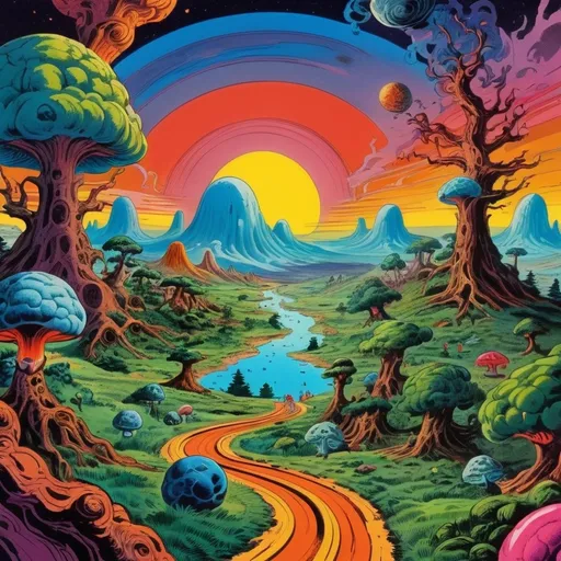 Prompt: Surrealist art movement. 
Fantastical landscape. 
Brains. Minds wandering. happy. surreal. Dreamscape. Bright and vibrant colors in the style of Jack Kirby and Wally Wood, 1940s vintage comic
