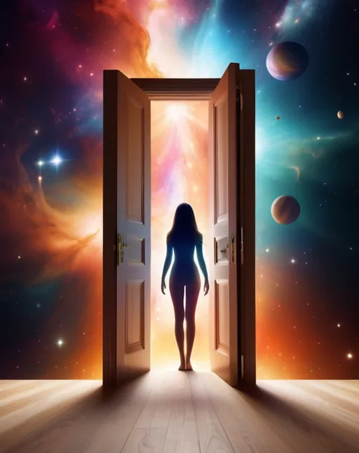 Prompt: Figure standing in doorframe showcasing Opened doors revealing the universe. Fantasy. Vibrant. Space theme