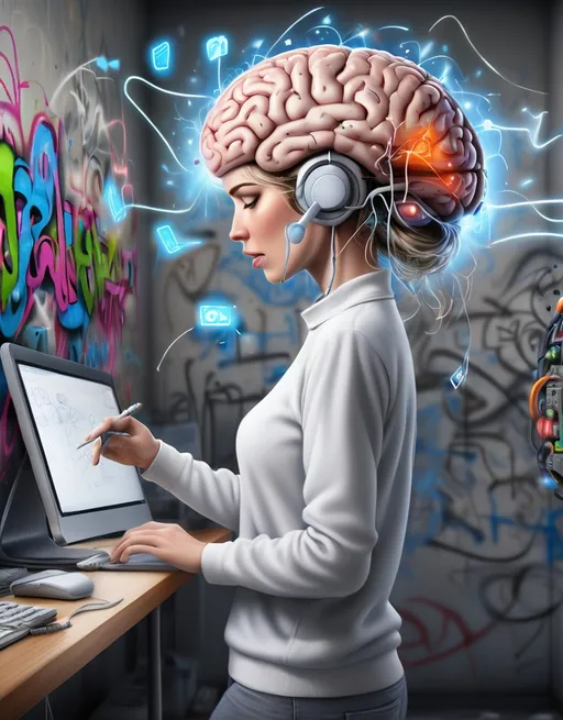 Prompt: White female with Brain multitasking and switching back-and-forth between different tasks, very detailed, graffiti 