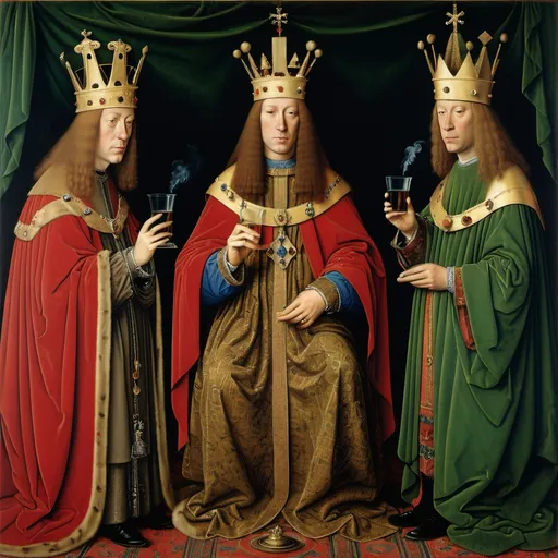 Prompt: Portrait Painting by Van Eyck, three kings, depicts, each King, smoking, drinking, humping