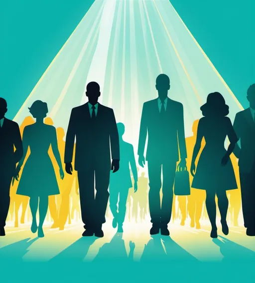Prompt: large number people, silhouettes. Bright tones and a rays of light. A flat teal background. Illustration.