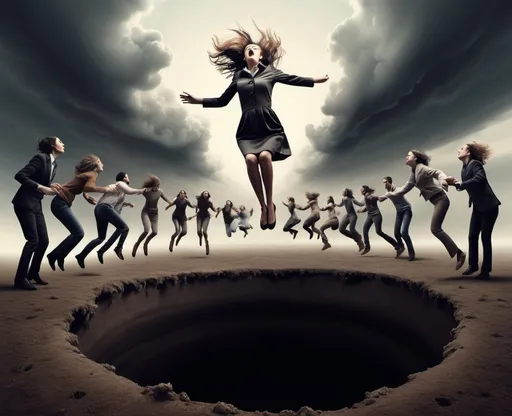 Prompt: Surrealism. The image is a female jumping down into a hole in the ground while Many Other people surround the female as she jumps into the void.