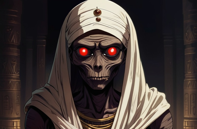 Prompt: 2d dark j horror anime style, a blind Egyptian mummy with onion eyeballs