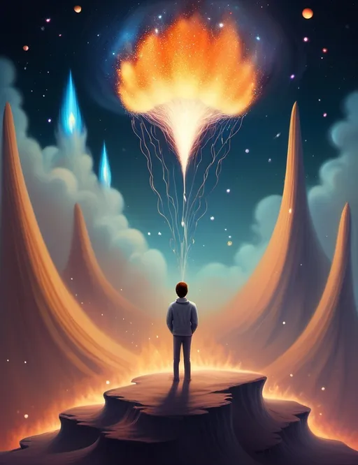Prompt: Surreal imagination spacescape. Evokes a feeling of Trust and self worth. An overall sense of happiness about life. Anthropomorphic self fanning tiny, inner sparks of possibility into flames of achievement.